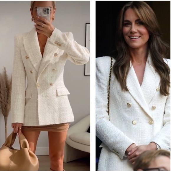 Zara Jackets & Blazers - ZARA Tweed Textured Double Breasted Blazer gold buttons size S